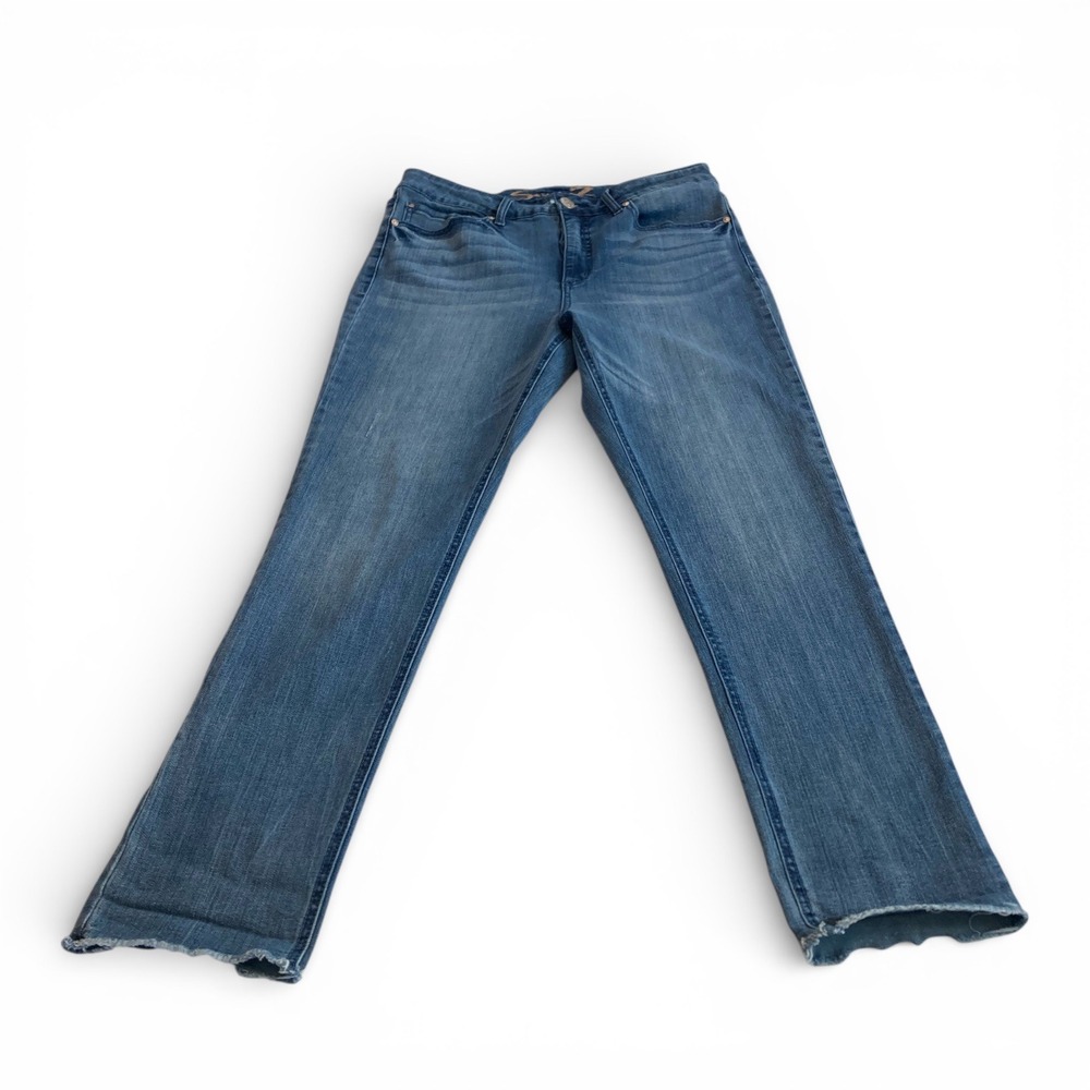 Seven7 Womens High Rise Straight Leg Jeans Medium Wash Raw Hem Size 12 Denim